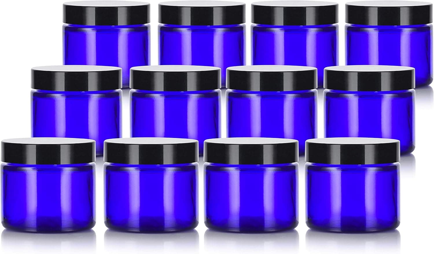 2 oz Cobalt Blue Glass Straight Sided Jar with Black Smooth Lid (12 Pack)