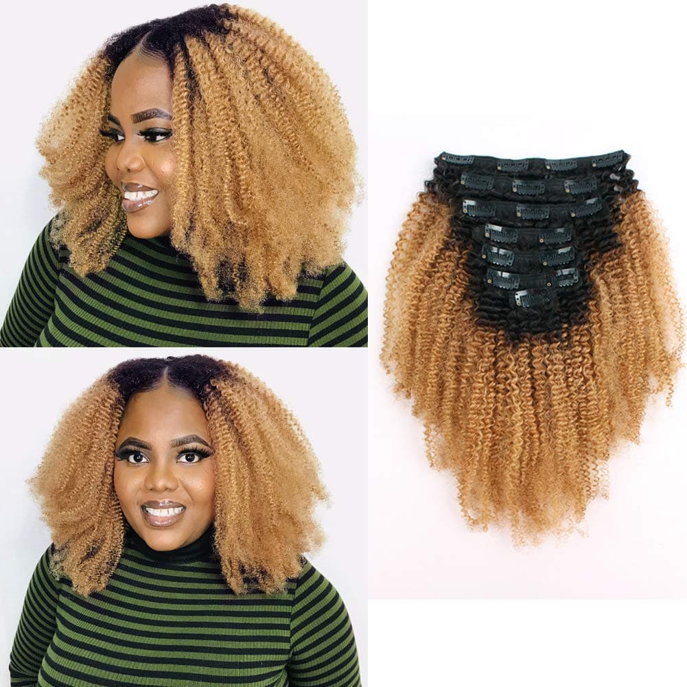 Sassina Remi Human Hair Clip In Extensions Afro Curly 3C 4A For Black Women Two Tone Natural Black Fading to Strawberry Blonde 120 Grams 7 Pieces Per Bundle With 17 Clips AC TN27 12 Inch