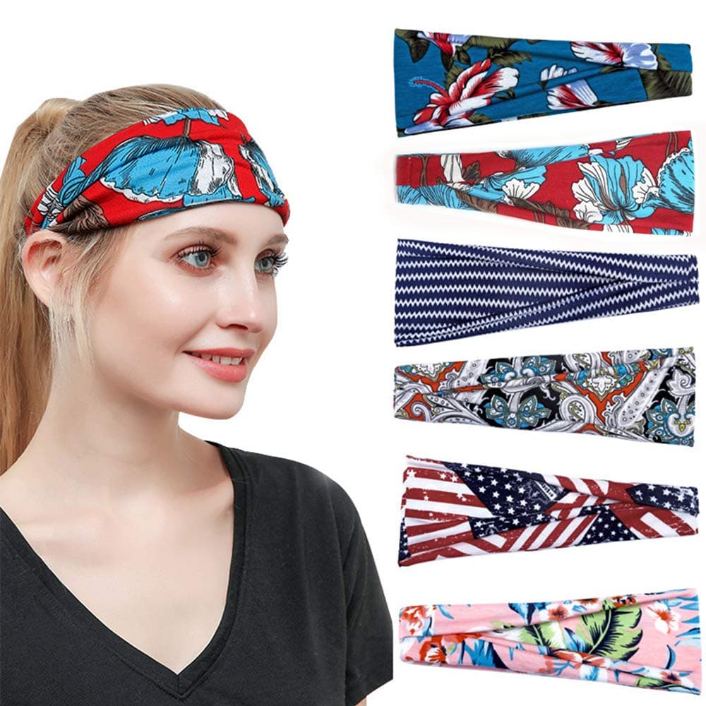 Headbands for Women Boho Bohemian Yoga Workout Sports Running Hair Bands No Slip Fashion Turban Womens Headbands Stretch Wide Cloth Knotted Hair Wraps for Women