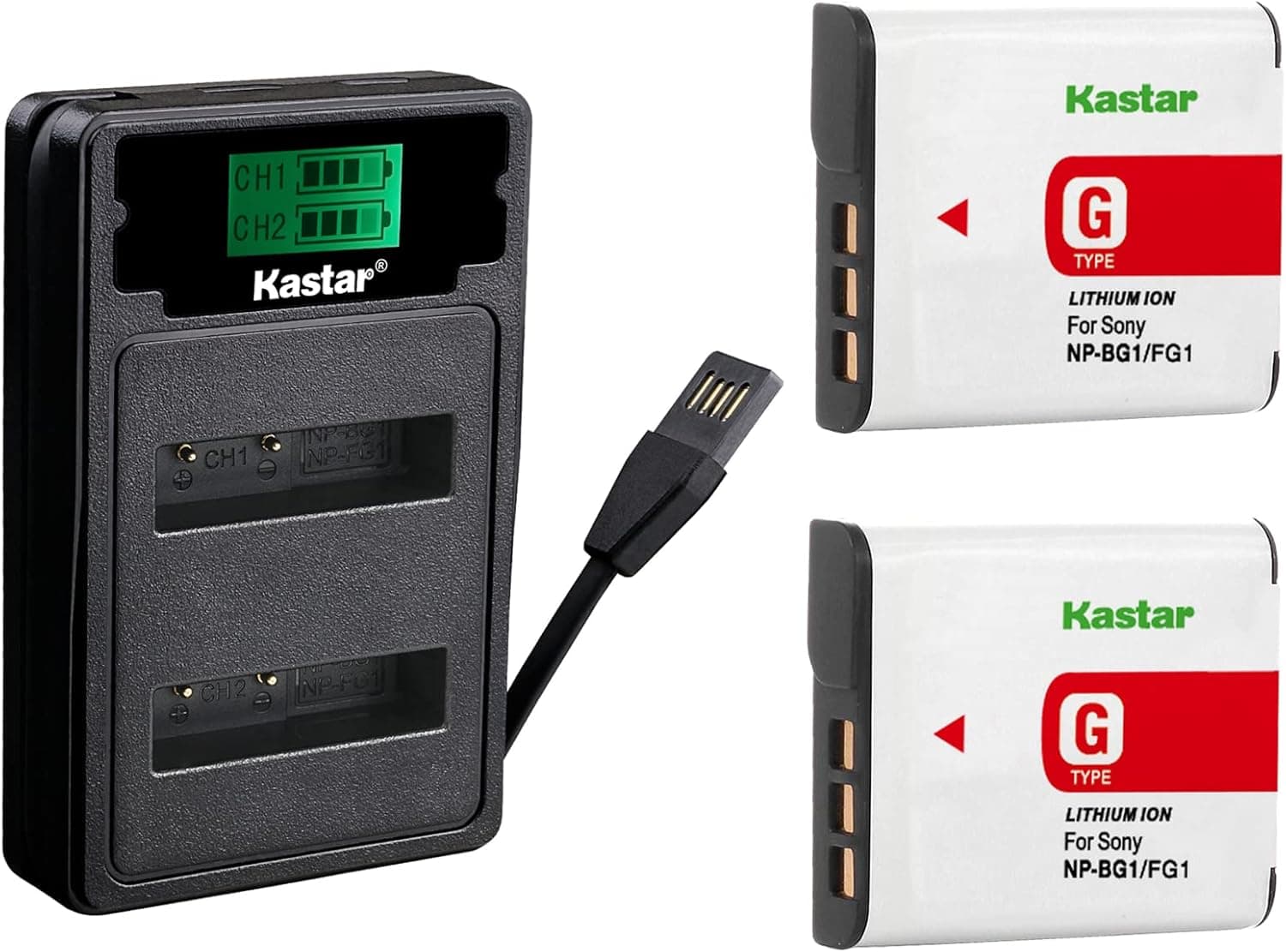 Kastar Battery (X2) & Dual USB Charger for Sony NP-BG1 NPBG1 NP-FG1 NPFG1 and Cyber-shot DSC-W120 W150 W220 DSC-H3 H7 H9 H10 H20 DSC-H50 DSC-H55 DSC-H70 DSC-HX5V DSC-HX7V DSC-HX9V DSC-HX10V DSC-HX30V