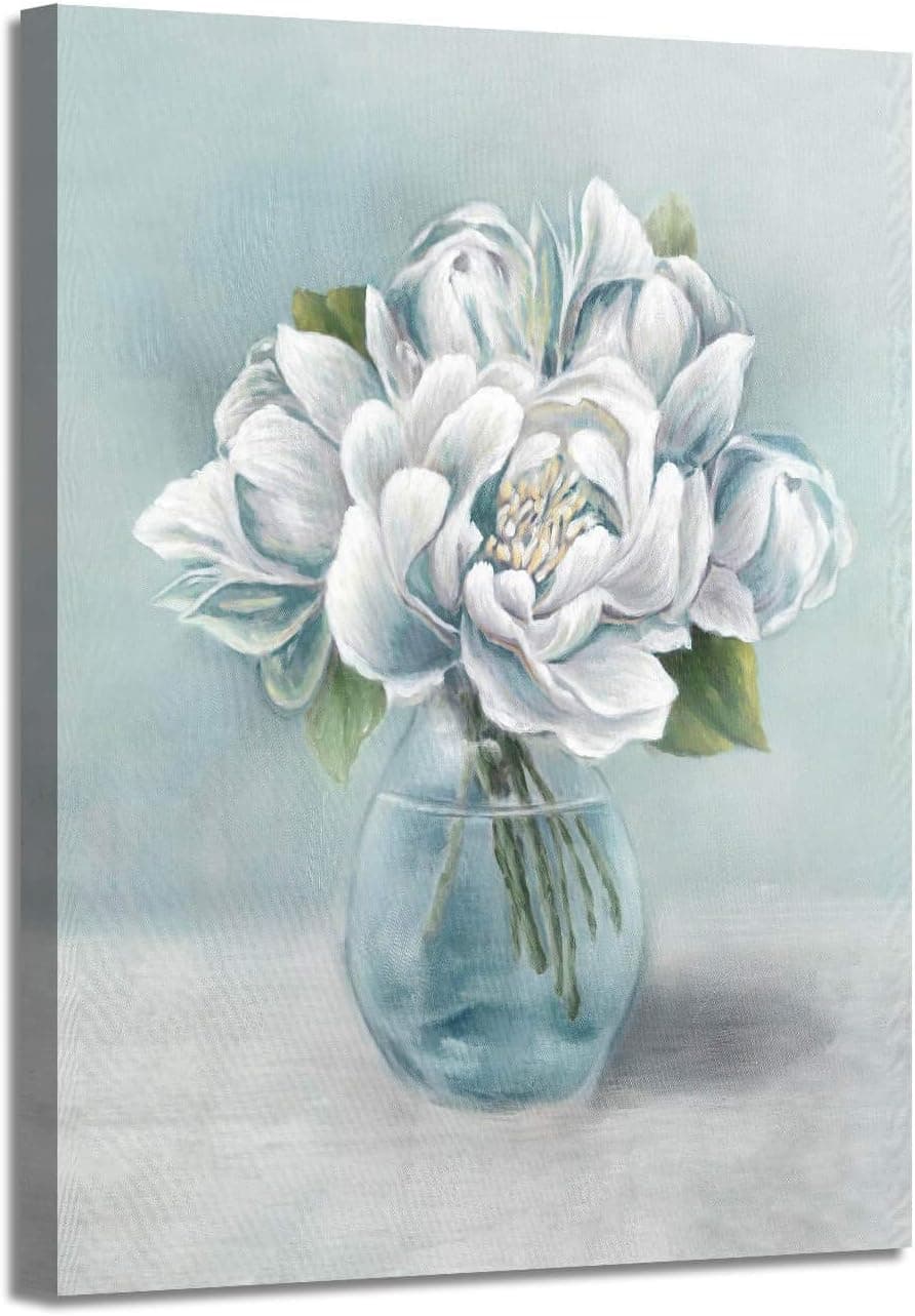 ARTISTIC PATH Abstract Peony Canvas Wall Art: Blossom Bouquet White Flowers in Glass Bottle Canvas Painting Artwork for Bathroom (12''W x 16''H,Multi-Sized)