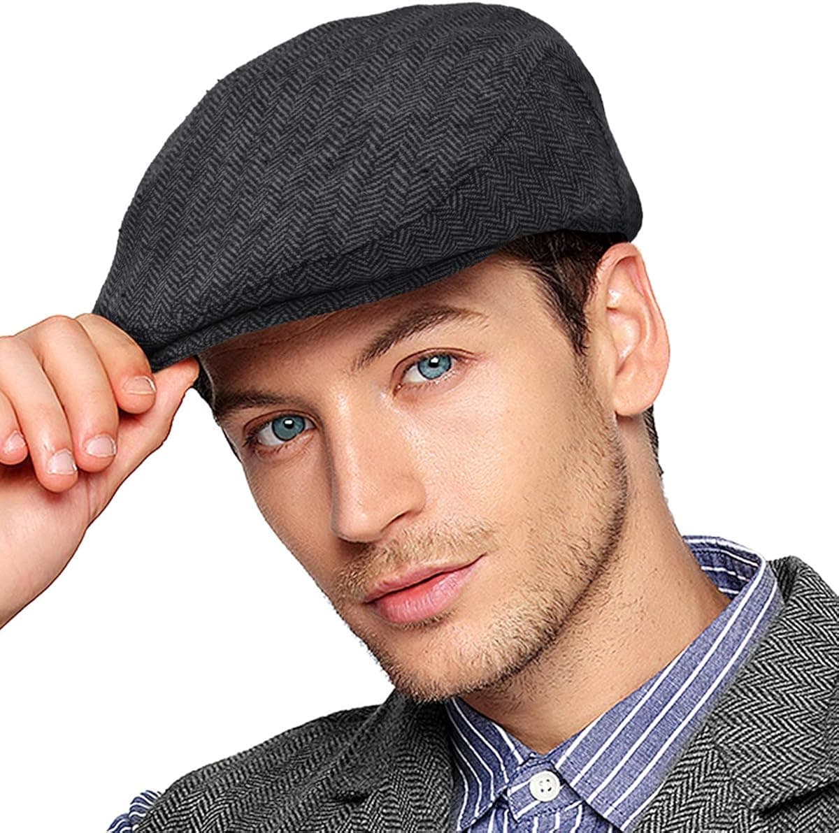 Men Ivy Gatsby Newsboy Cap - Classic Wool Blend Tweed Flat Cap Cabbie Hat Men