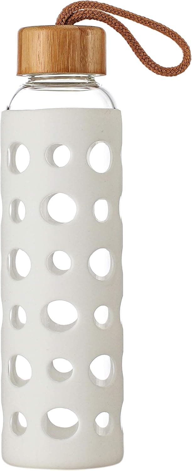 Glass Water Bottle with Silicone Sleeve and Leak Proof Bamboo Lid 20oz-BPA Free (White)