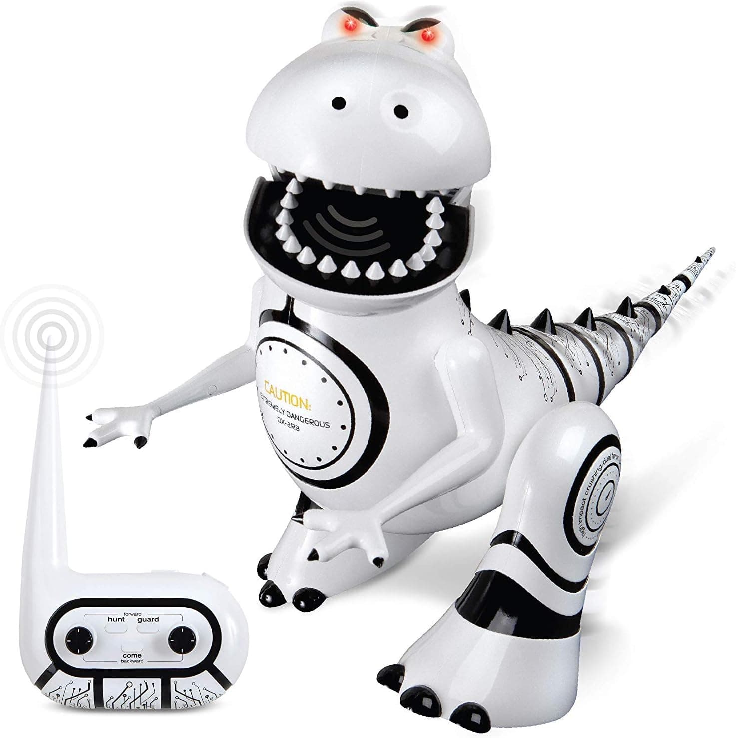 Super Fun Interactive RC Dinosaur Robotosaur By Shaper Image with Glowing Changing Color LED Eyes Moves Forward, Backwards, Spins, Shakes, Stomps, Wags Its Tail, and More! Great Gift For Kids