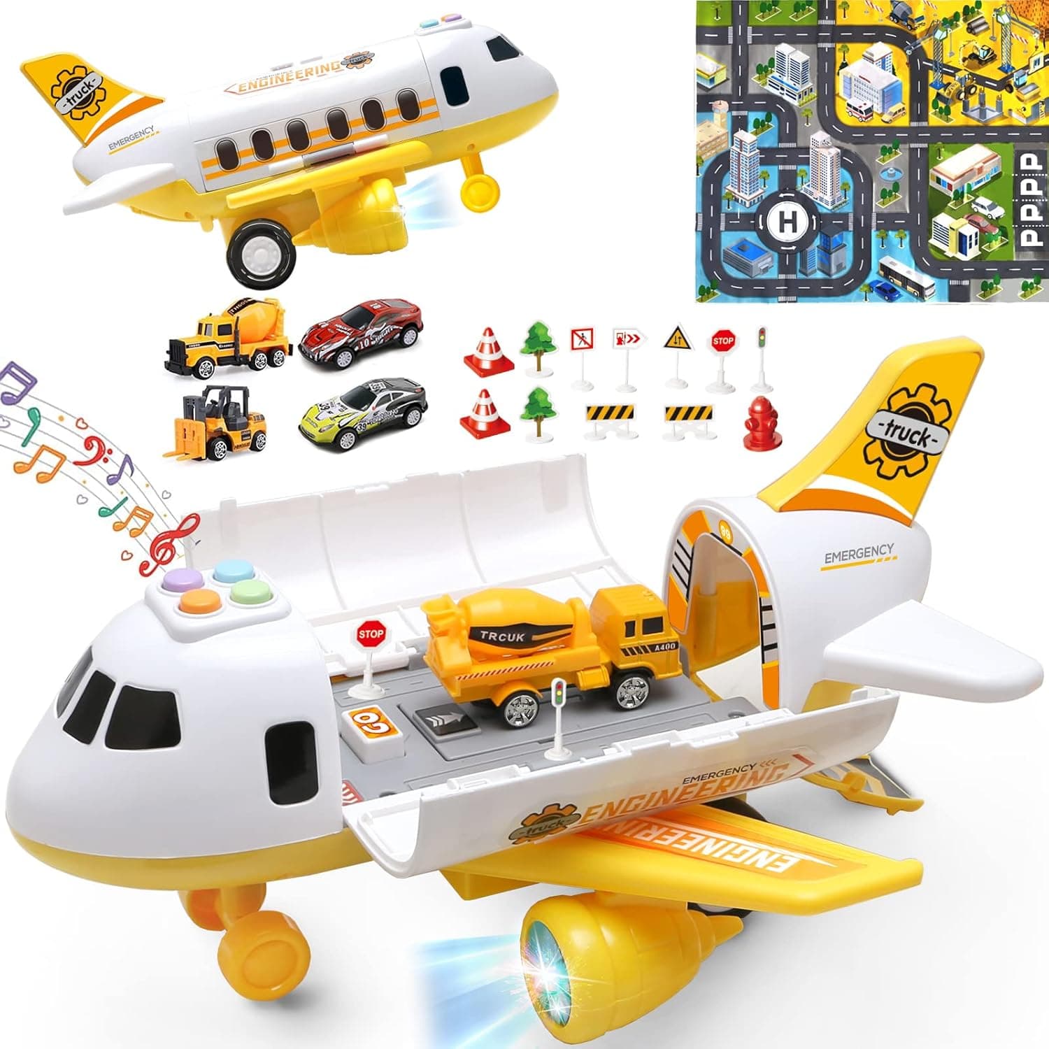 Toddler Toys for 3 4 5 6 Year Old Boys,Airplane Toy,Vehicle Transport Car Plane Toy Play Mat Set,Aircraft with Lights and Sounds,Birthday Educational Kids Girls Toys with 4 Cars Map