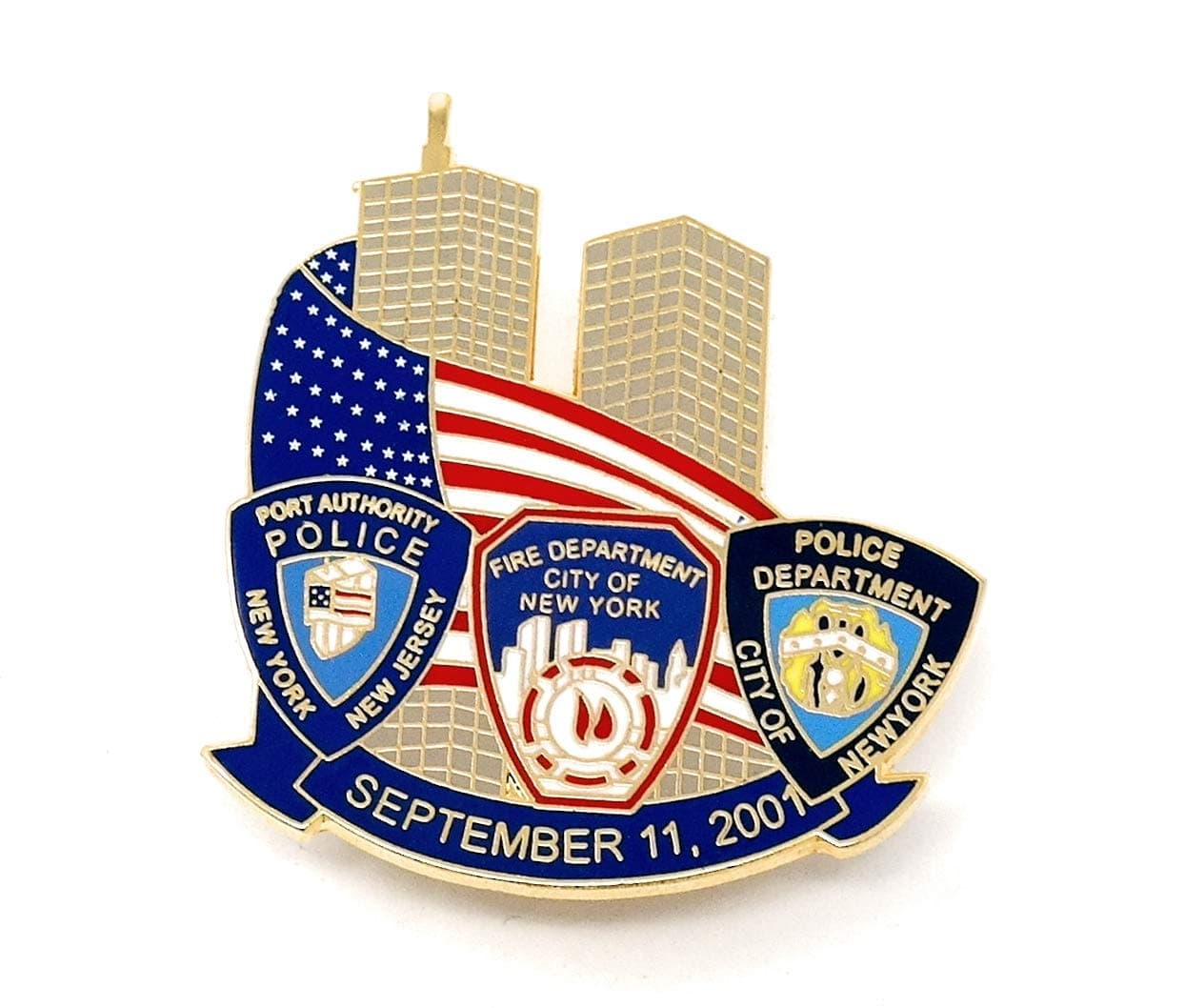 9/11 September 11th 2001 New York Twin Towers NYPD NYFD Police Fire Department Port Authority with US Flag Memorial Commemorative Lapel Pin