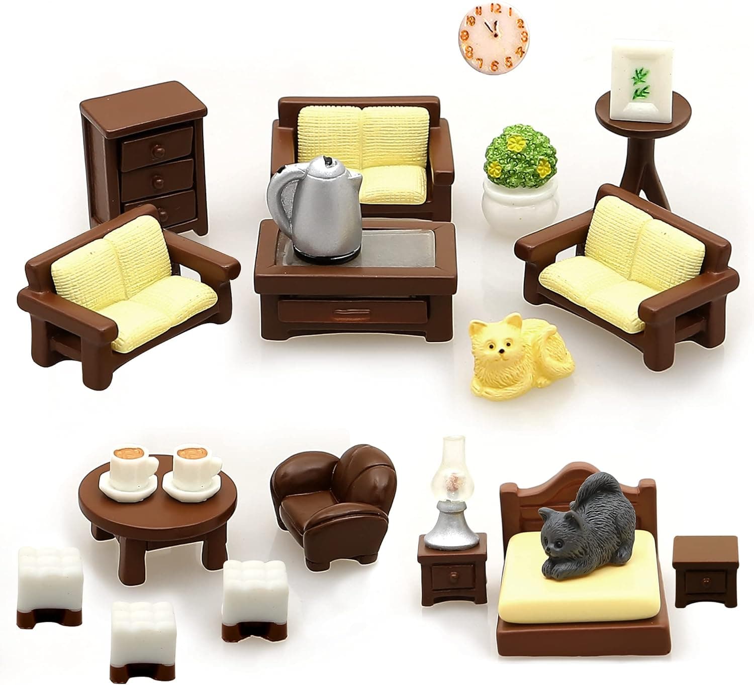 23pcs Brown Dollhouse Mini Furniture Kit Decoration DIY Accessories Including Dining Room Sitting Living Bedroom Set Toys for Baby Boys Children Girls Dollhouse Accessories