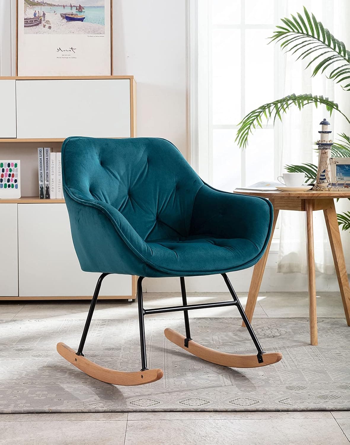 Compact Velvet Rocking Chair, Comfy Accent Rocker Chair for Babies Nursery, Upholstered Glider for Bedroom, Living Room (Teal)
