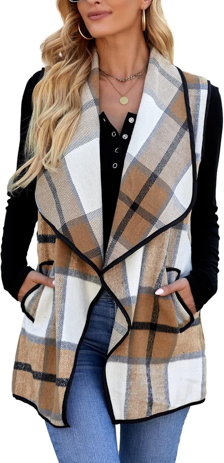 SENSERISE Womens Lapel Open Front Sleeveless Plaid Vest Cardigan with Pockets