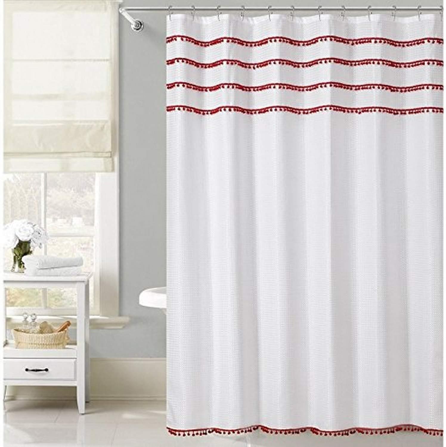 Daniel's Bath & Byound Pom Lace Shower Curtain, Red