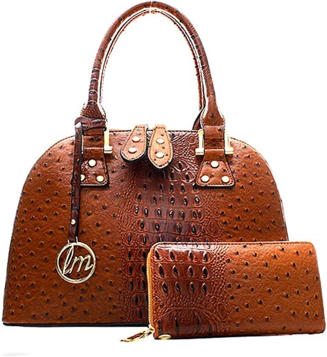 Ostrich Vegan Leather Dual Compartment Handbag and Wallet Set