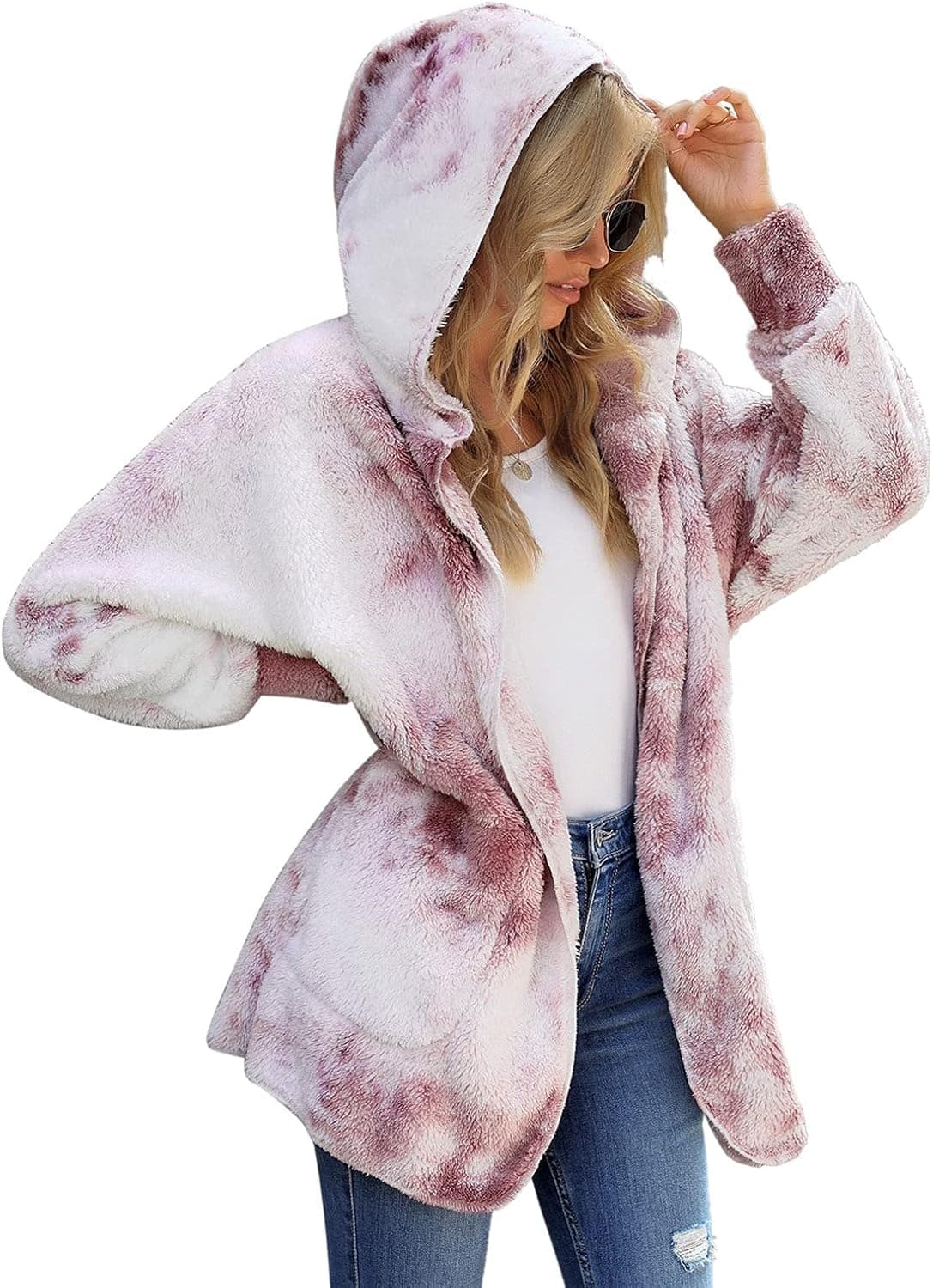 Uqnaivs Women's Oversized Fuzzy Jacket Open Front Hooded Cardigan Coat