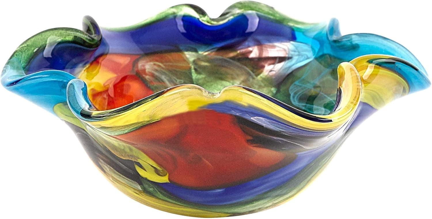 WORLD GIFTS 8-1/2 Inch Rainbow Wavy Murano Style Glass Bowl