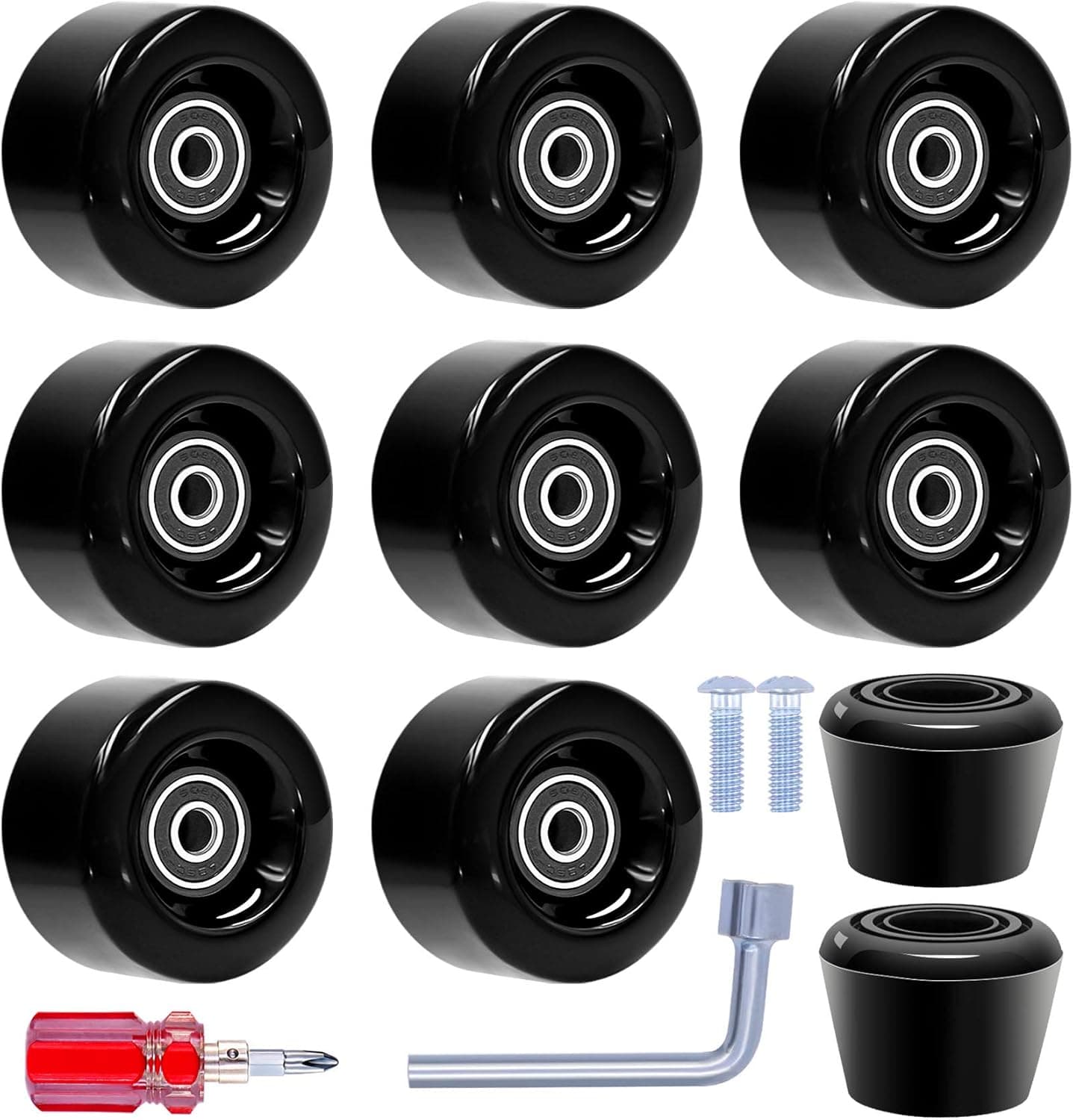 Tanzfrosch 8 Pack Roller Skate Wheels with Bearings Installed and 2 Toe Stoppers for Double Row Skating, Quad Skates and Skateboard Outdoor or Indoor Use, 32mm x 58mm 82A