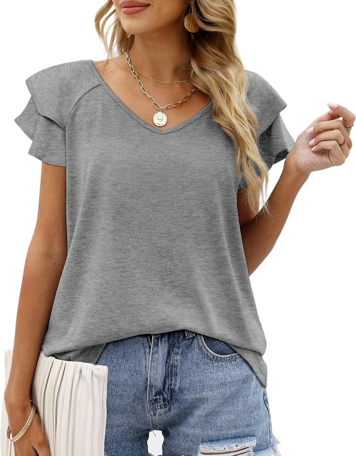 OFEEFAN Womens Tops Ruffle Short Sleeve V Neck T-Shirts Casual Loose Fit