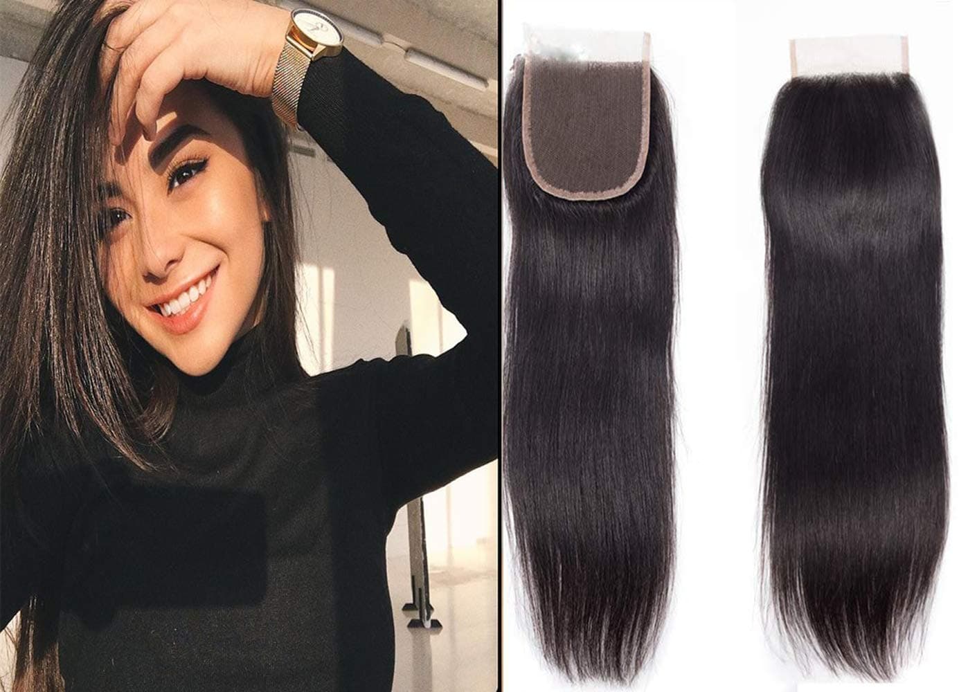 Brazilian Human Hair Straight Wave 5X5 Lace Closure Front With Baby Hair Free Part Silky Lace Base Unprocessed Virgin Remy Hair Extensions Sew In Hair Natural Color(14 Closure)