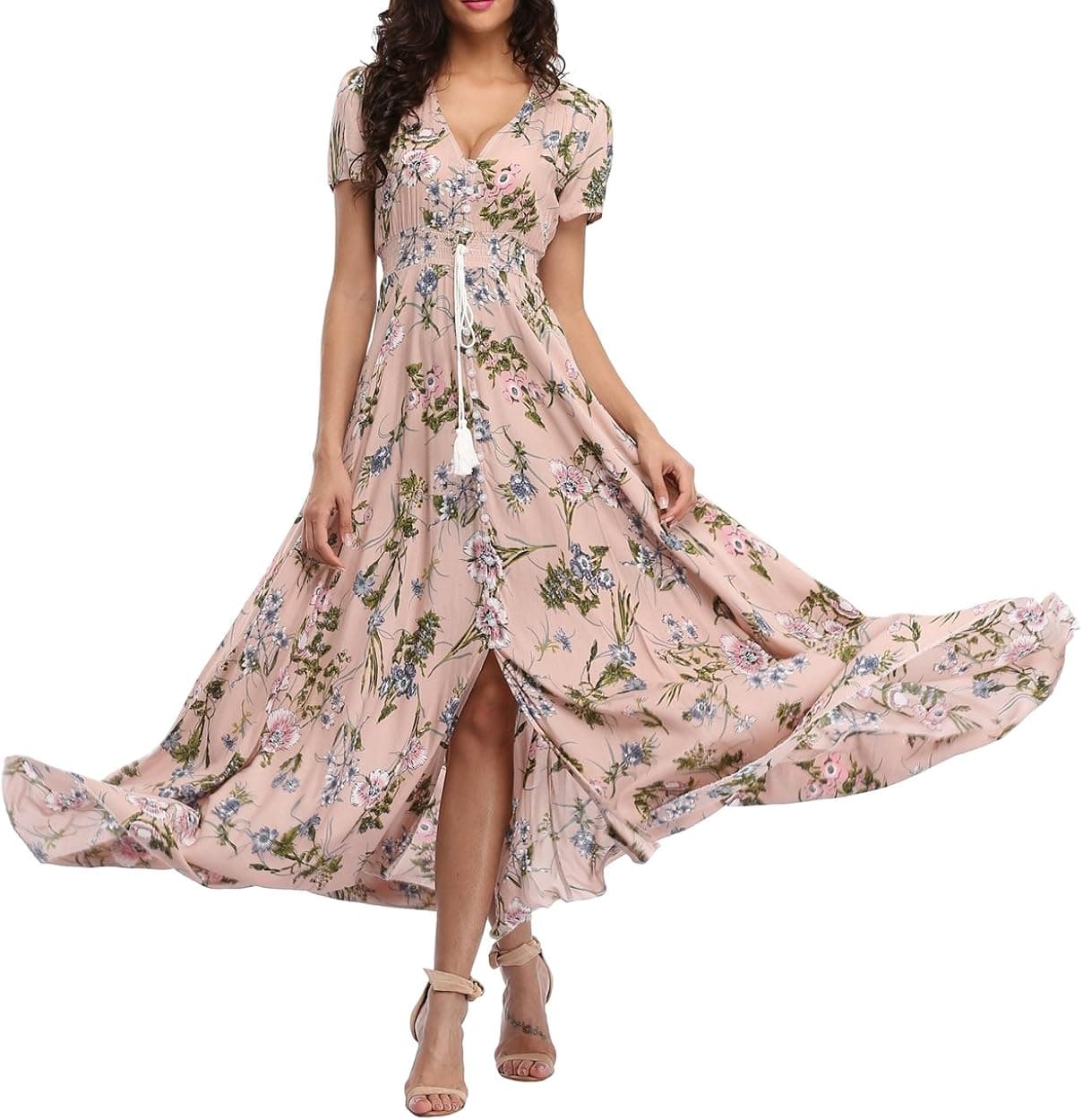 1stvital Women's Floral Maxi Dresses Boho Summer Beach Dress Short Sleeve Button Up Split Party Dress