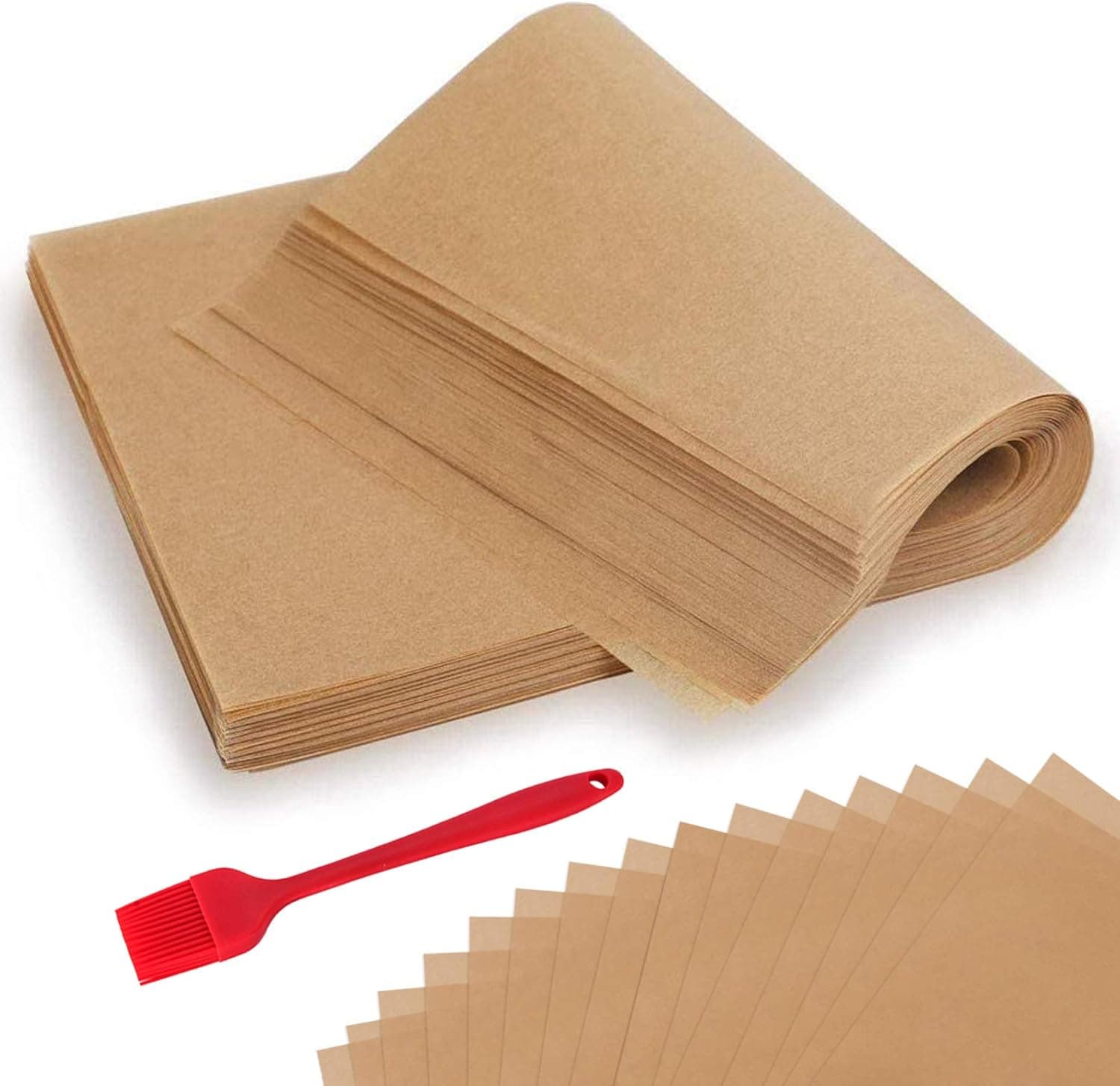 300 PCS Parchment Paper Sheets - OAMCEG 12x16 Inch No Chemical Non-Stick Unbleached Pre-Cut Parchment Paper with a Silicone Brush, for Baking Grilling Air Fryer Steaming Bread Cup Cake Cookie