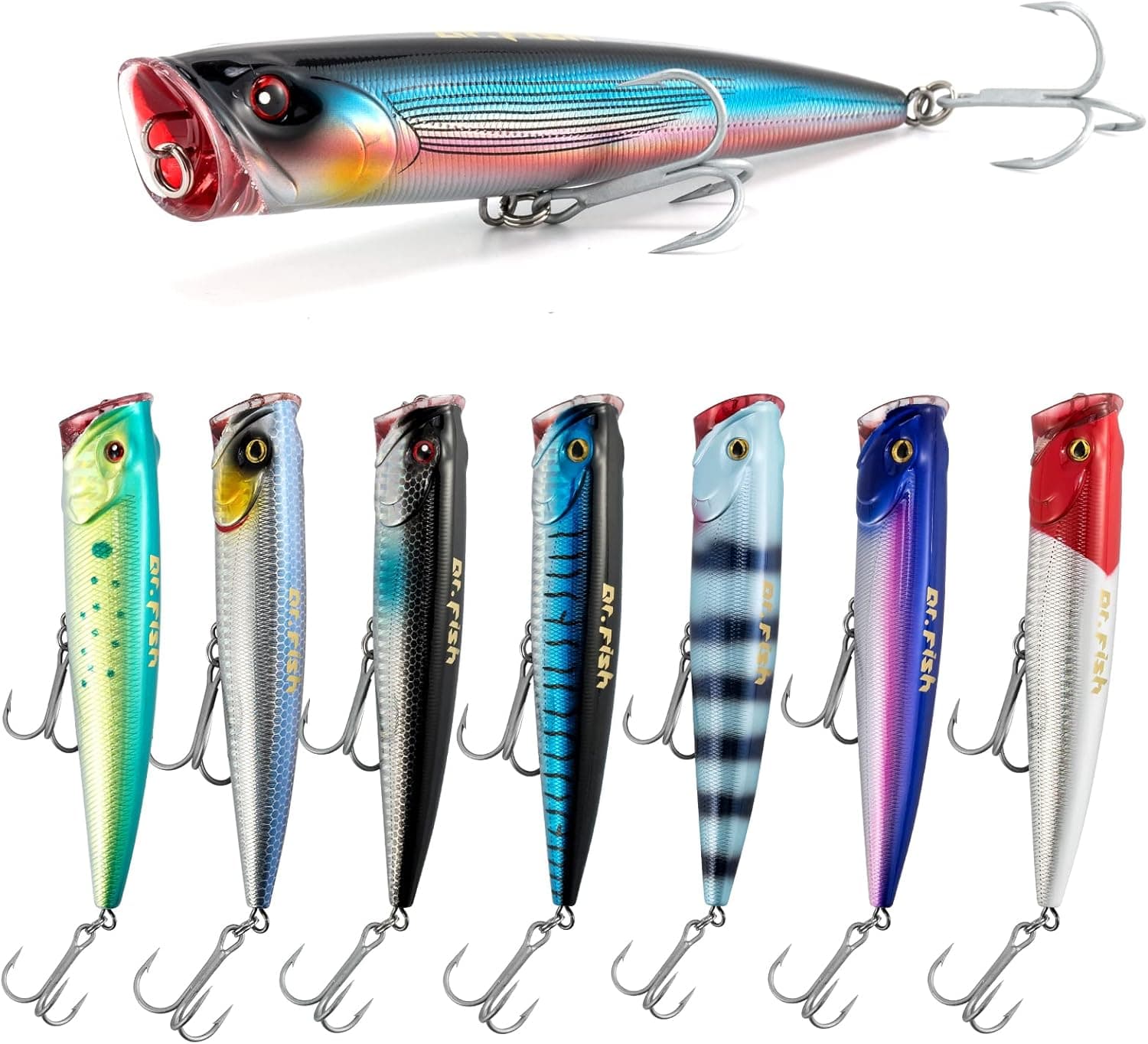 Dr.Fish Topwater Popper Saltwater Fishing Lures, 4/5.5 Inches GT Popper VMC Treble Hooks Surf Fishing Lures for Striper Pike Salmon Lures Bass Popper Fishing Plugs Offshore
