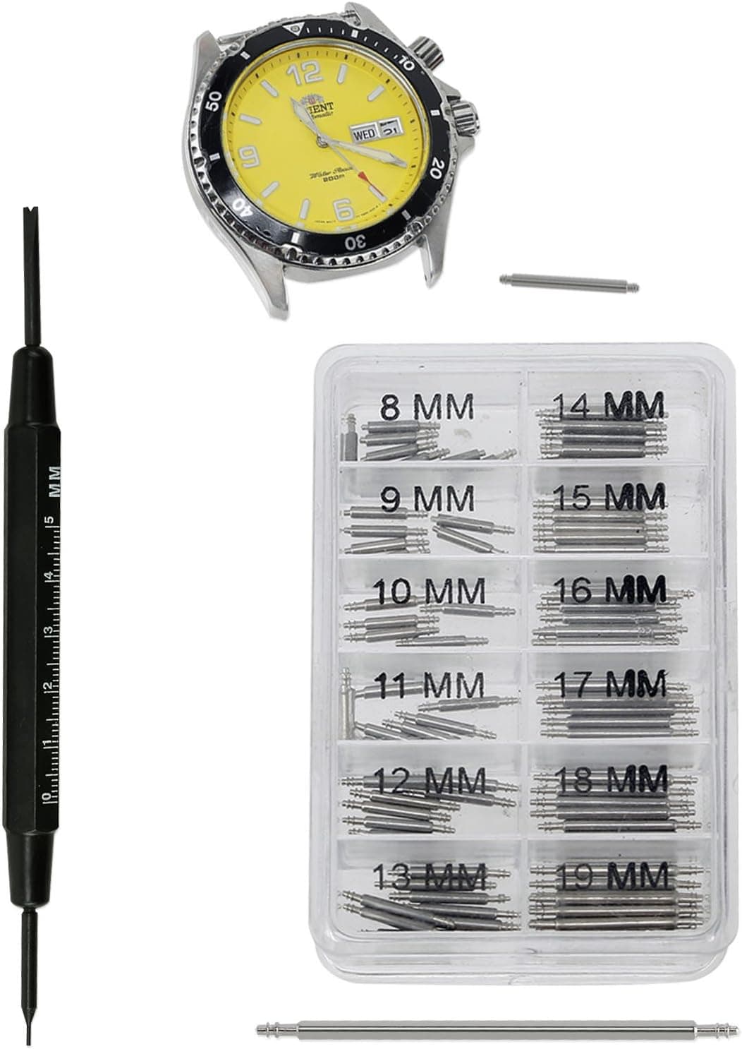 101pc Assortment Set 8mm to 19mm Stainless Steel Watch Band Spring Bars with Spring Bar Removal Tool