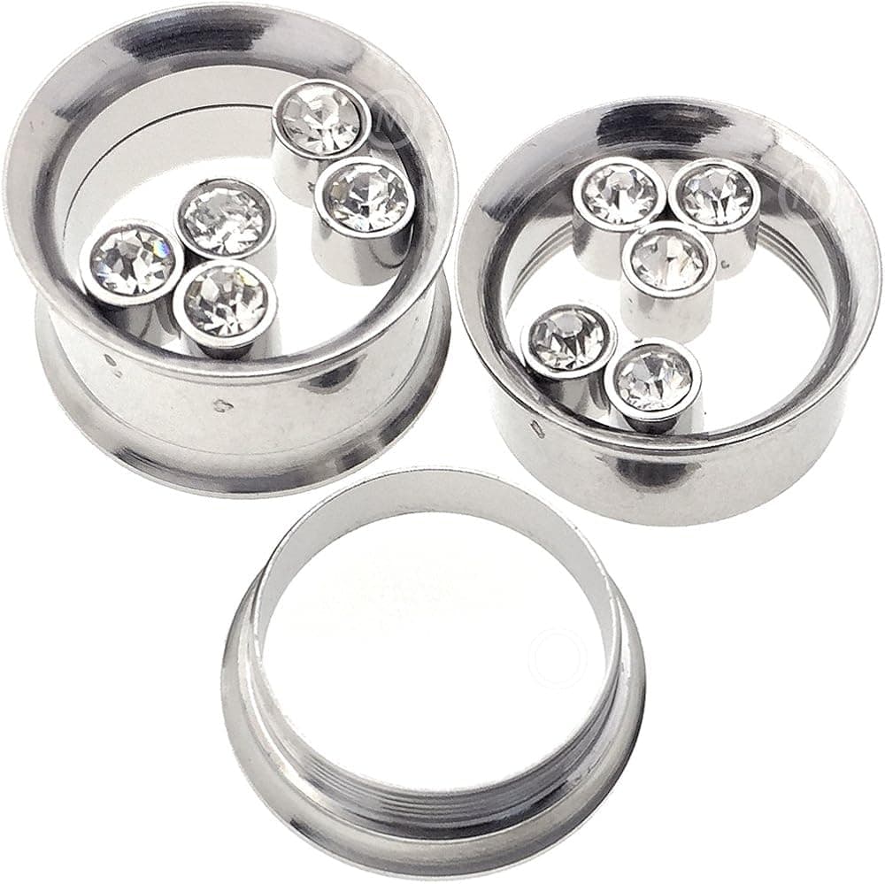 Pair 0g (8mm) to 5/8" (16mm) Steel double flare with gemstone internally threaded MoDTanOiz