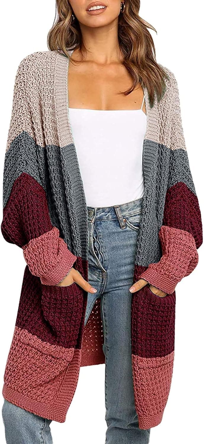 Saslax Women's Cardigan Sweater Long Batwing Sleeve Contrast Color Block/Solid Open Front Chunky Oversized Knitted Outwear Coat, Wine Sriped 02 Large