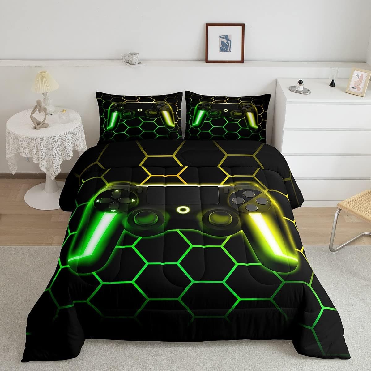 Game Comforter Set for Boys Video Game Bedding Sets for Kids Girls Youth,Teens Gamer Down Alternative Comforter Queen Lightweight,Glitter Neon Light Honeycomb Diamond Quilted Duvet with 2 Pillowcases