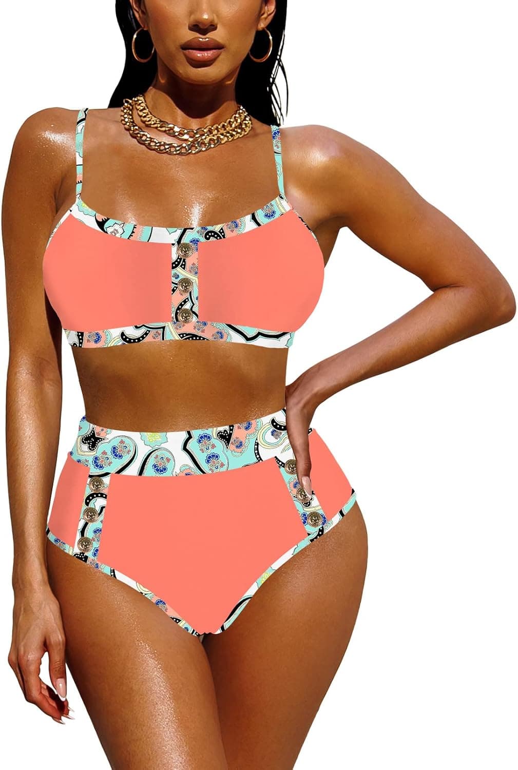 Selowin Women's 2 Piece Straps Bikini Set Button High Waist String Cheeky Swimsuits