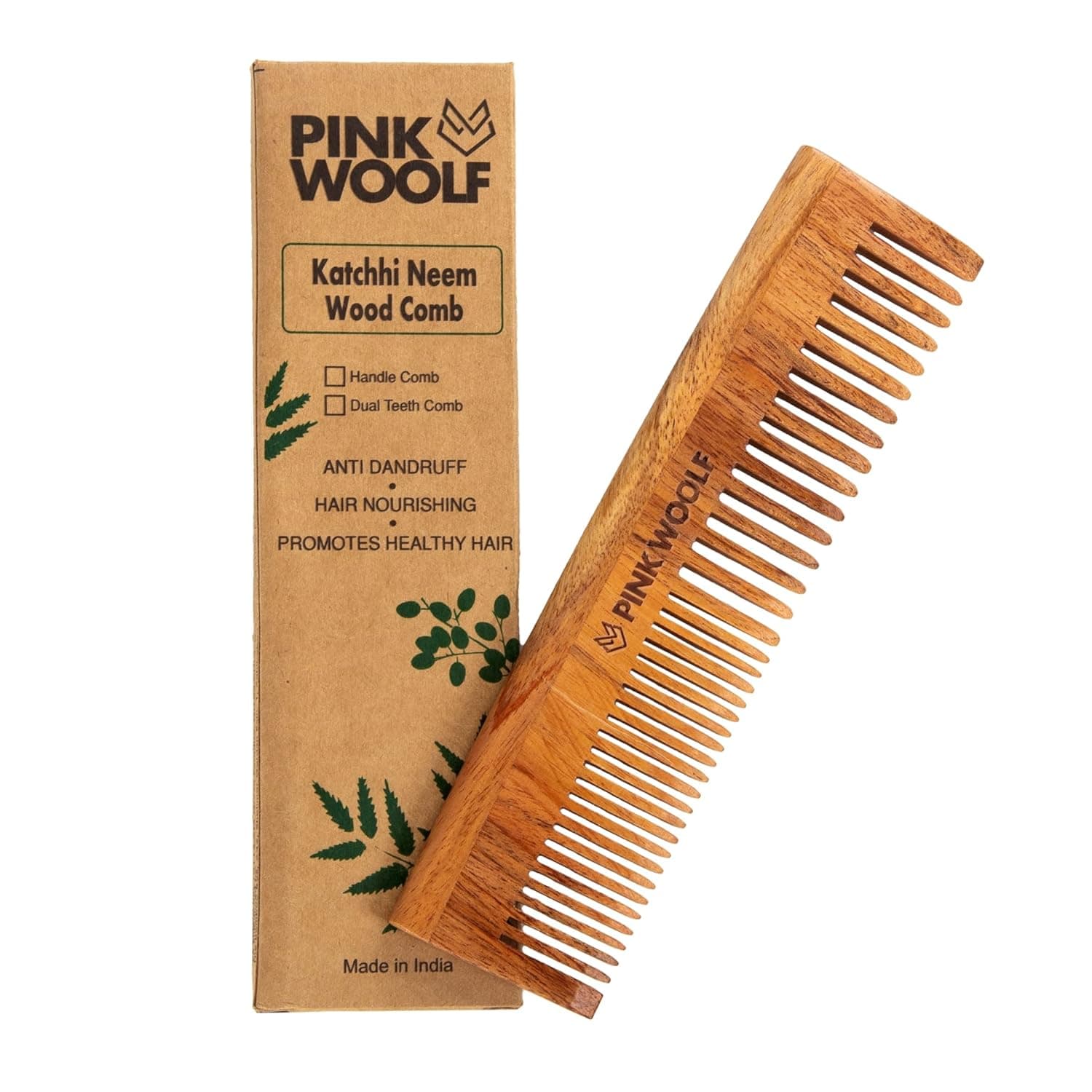 Pink Woolf Organic Neem Wood Comb (LONG) | Women & Men | Natural & Eco Friendly | Wide Tooth Styling Comb for All Hair Types | Made in India