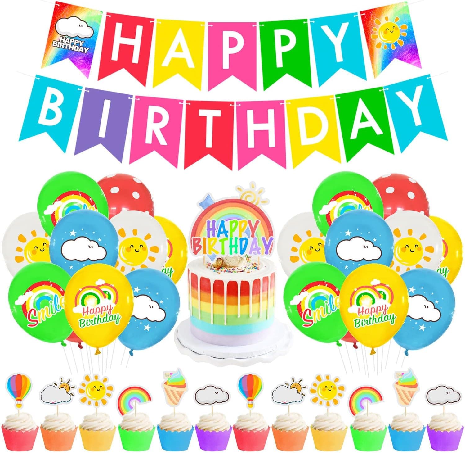 Rainbow Birthday Party Balloons Happy Birthday Banner, Rainbow Balloons, Cake Toppers for Women Girls Boys Princess Birthday Party Suppliers
