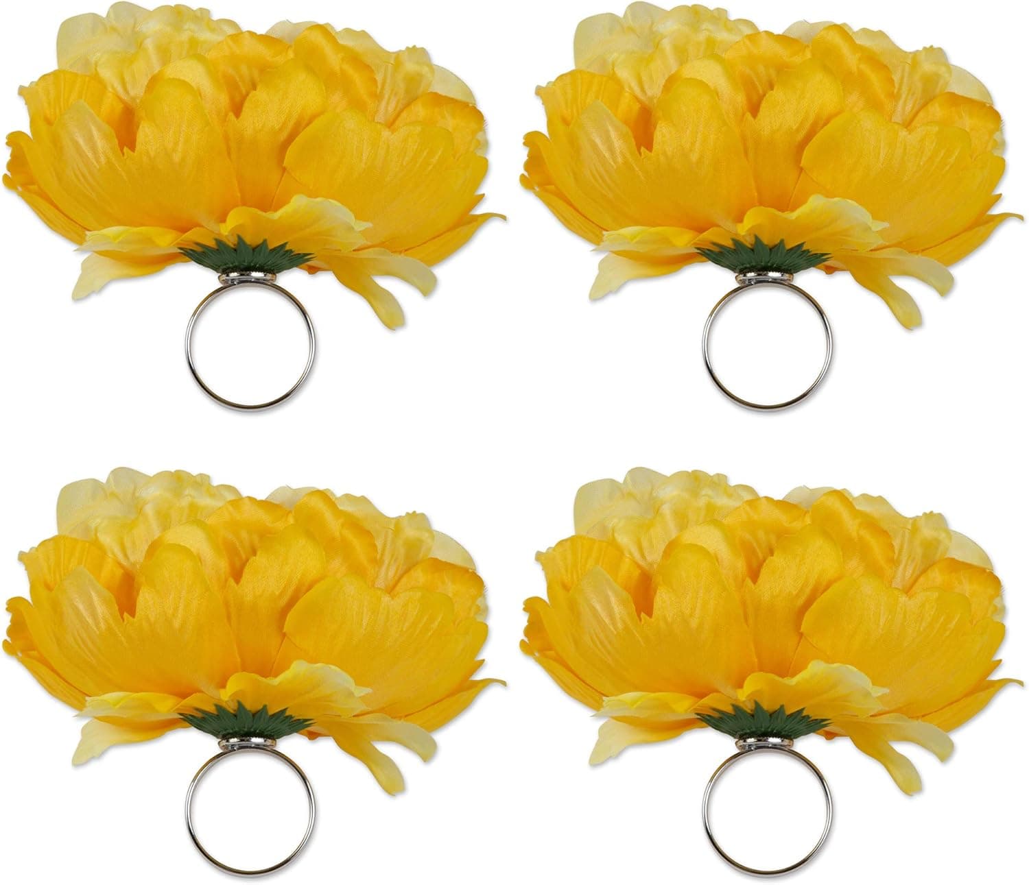 DII Beautiful Peony Flower Napkin Rings Yellow, 4 Piece