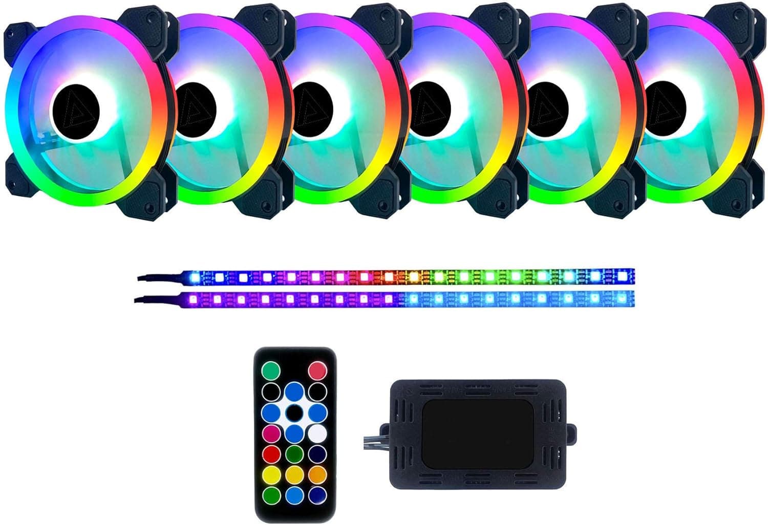 Apevia TL612L2S-RGB Twilight 120mm Silent Dual-Ring Addressable RGB Color Changing LED Fan with Remote Control, 28x LEDs & 8X Anti-Vibration Rubber Pads w/ 2 Magnetic Addressable LED Strips (6+2-pk)