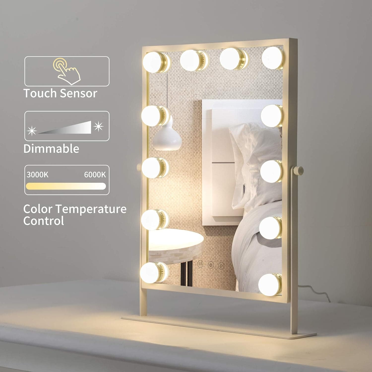 Large Vanity Mirror with Lights 16 x 12 Inches 360 Degrees Swivel Cosmetic Dimmable Touch Sensor, White