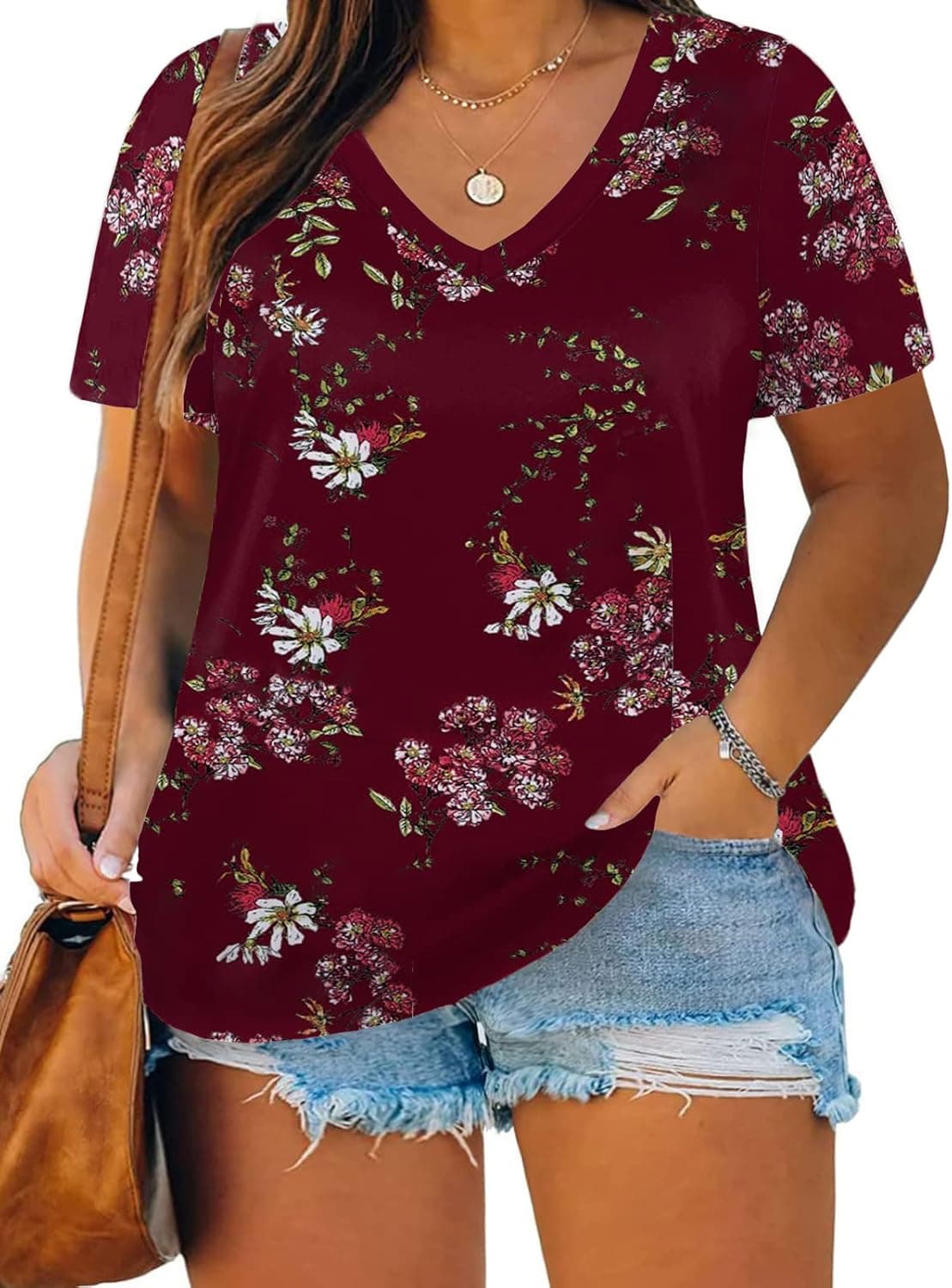 ROSRISS Plus Size Tops for Women Casual Summer T Shirts V Neck Short Sleeve Tunics