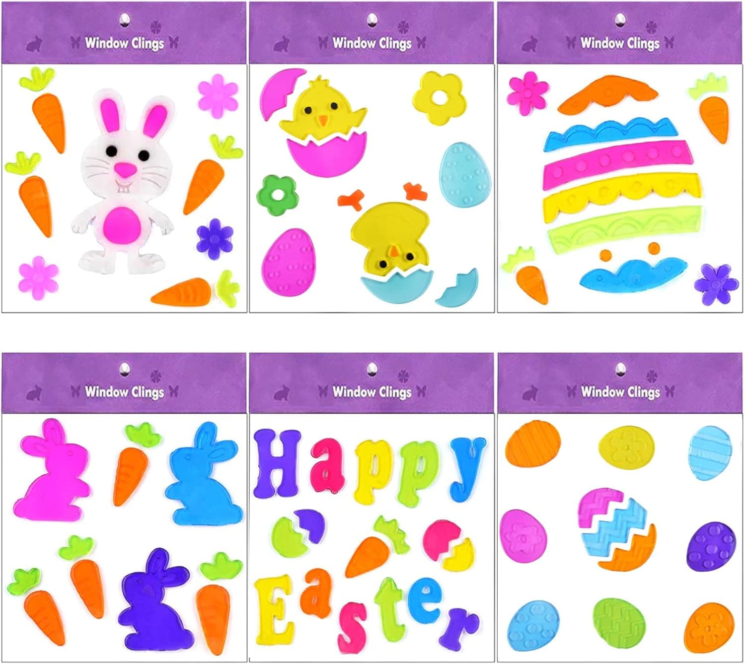MRTREUP Easter Window Clings Gel Decorations Spring Window Jelly Stickers Decals for Glass Windows, Egg Bunny Chick Carrot Easter Window Decorations for Kids, Home/Office/Party Favor Supplies-6Pcs