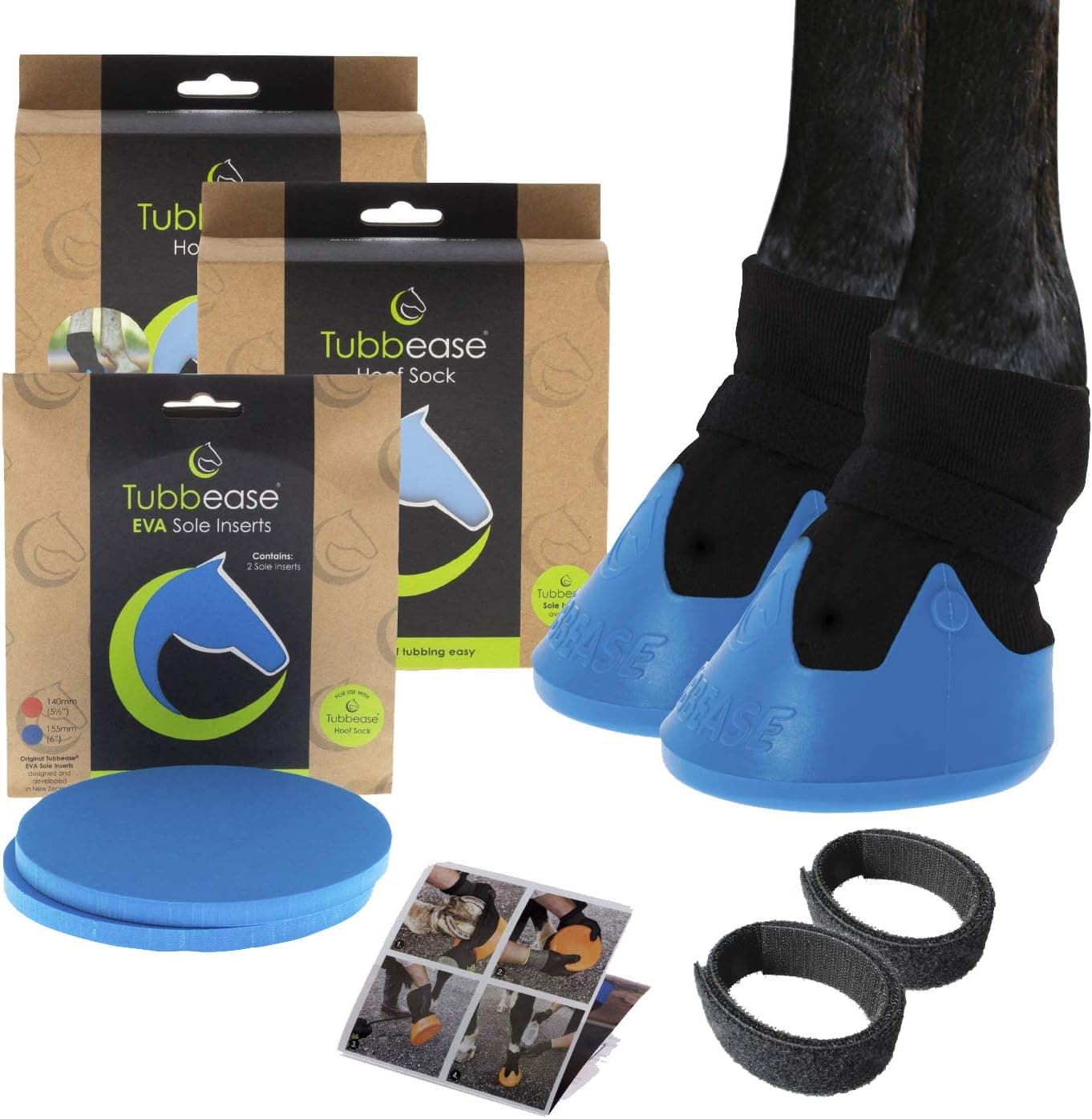 TUBBEASE Hoof Soaking Boot with EVA Sole Insert Bundle - The Ultimate Hoof Treatment for Horses - Essential Horse Care Equine Equipment – (Contains 2 Hoof Sock + 1 Pair of Sole Inserts 6" Blue)