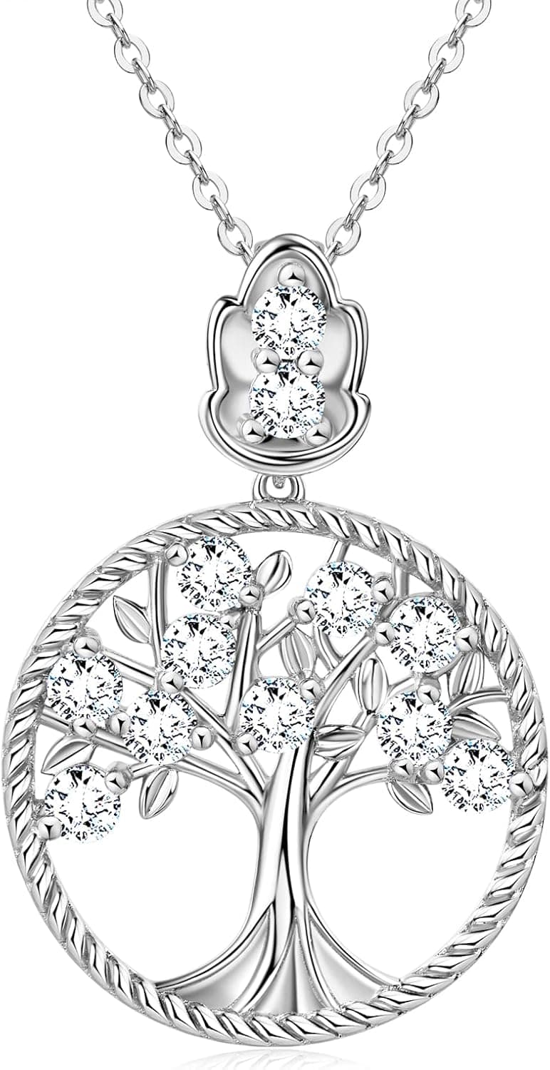 DYUNQ Birthstone Pendant Necklace for Women, 925 Sterling Silver Tree of Life 5A Cubic Zirconia Silver Hypoallergenic Necklace, Birthday Anniversary Valentine's Day Jewelry Gifts, 18 to 20”