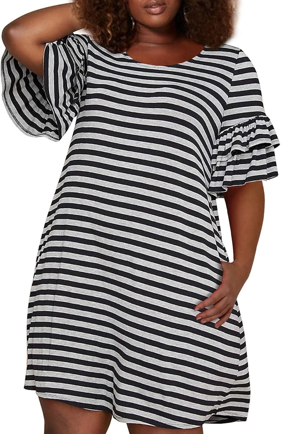 Nemidor Women's Ruffle Sleeve Jersey Knit Plus Size Casual Swing Dress with Pocket