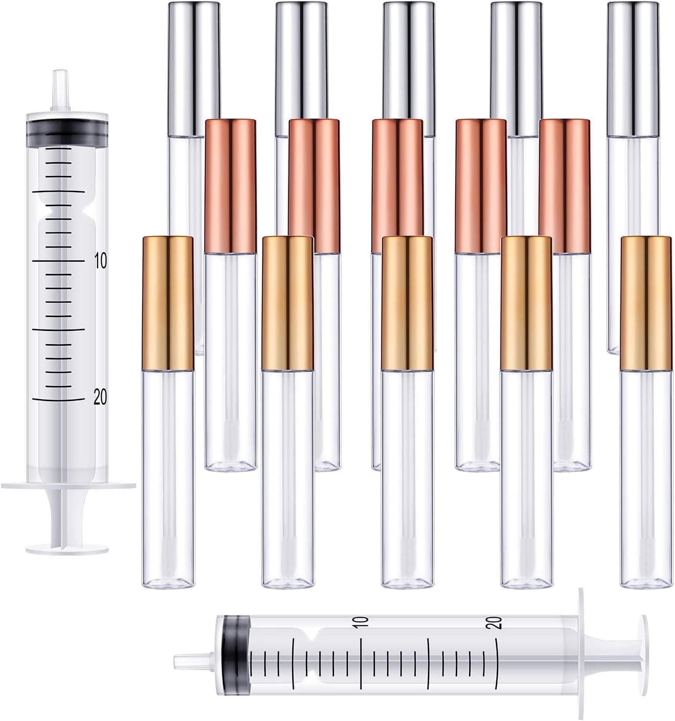 15 Pieces 10 ml/ 0.34 oz Empty Lip Gloss Tube with Rubber Insert and Wand, Refillable Plastic Lipstick Tube Lip Glaze Bottle Mini Clear Lip Balm Container with 2 Pieces Syringe for DIY Cosmetic Sample