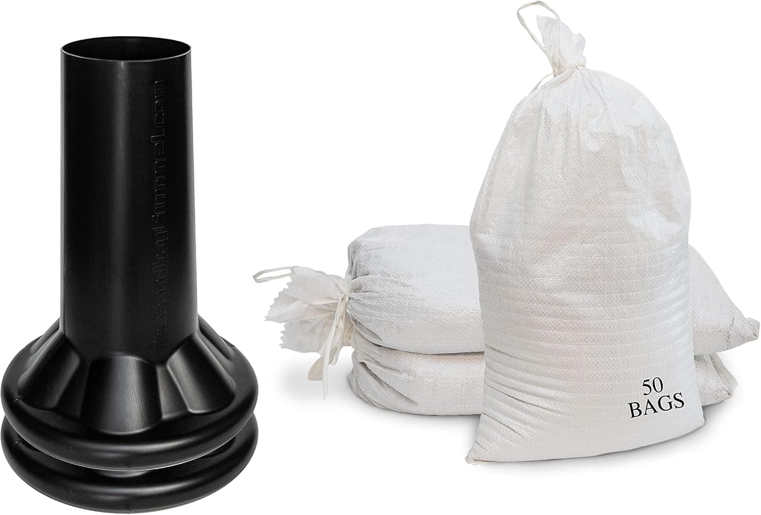 Sandbag Filling Tool with 14 x 26 White Woven Empty Polypropylene Sandbags - UV Protection - Heavy Duty Sandbags for Flooding (2 Plastic Funnels, 50 Sandbags)