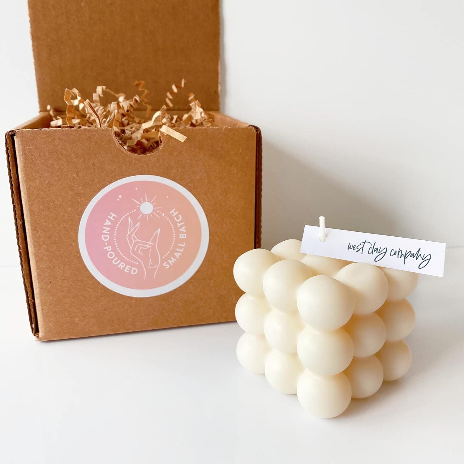 Bubble Cube Candle - Sculptural Handmade Rubix Cube Candle - Lemon Marshmallow Scented Soy + Coconut Blend Wax with 100% Cotton Wick - Cloud Molecule Candle - Small Batch - Made in the USA - 5.4 oz