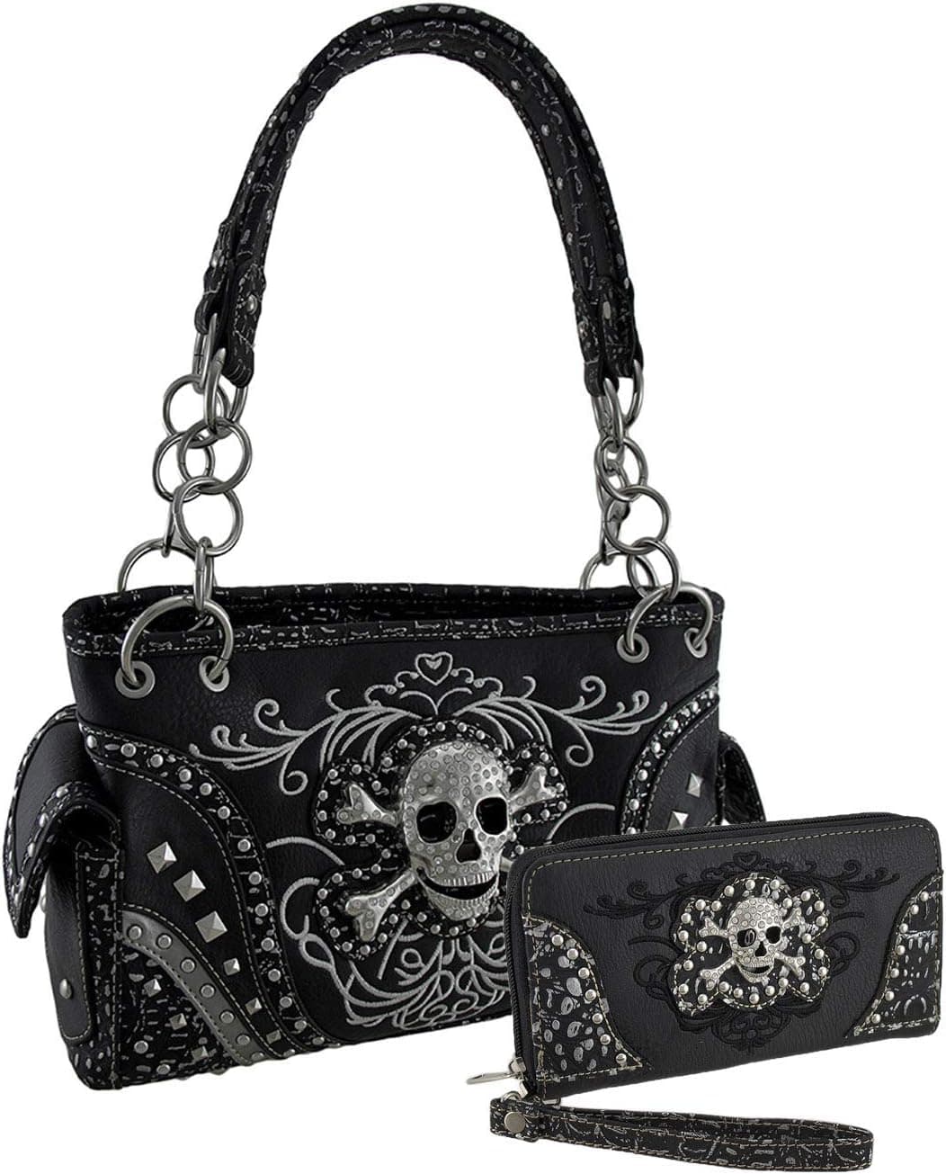 Rhinestone Skull Metallic Trim Concealed Carry Purse/Wallet Set Black