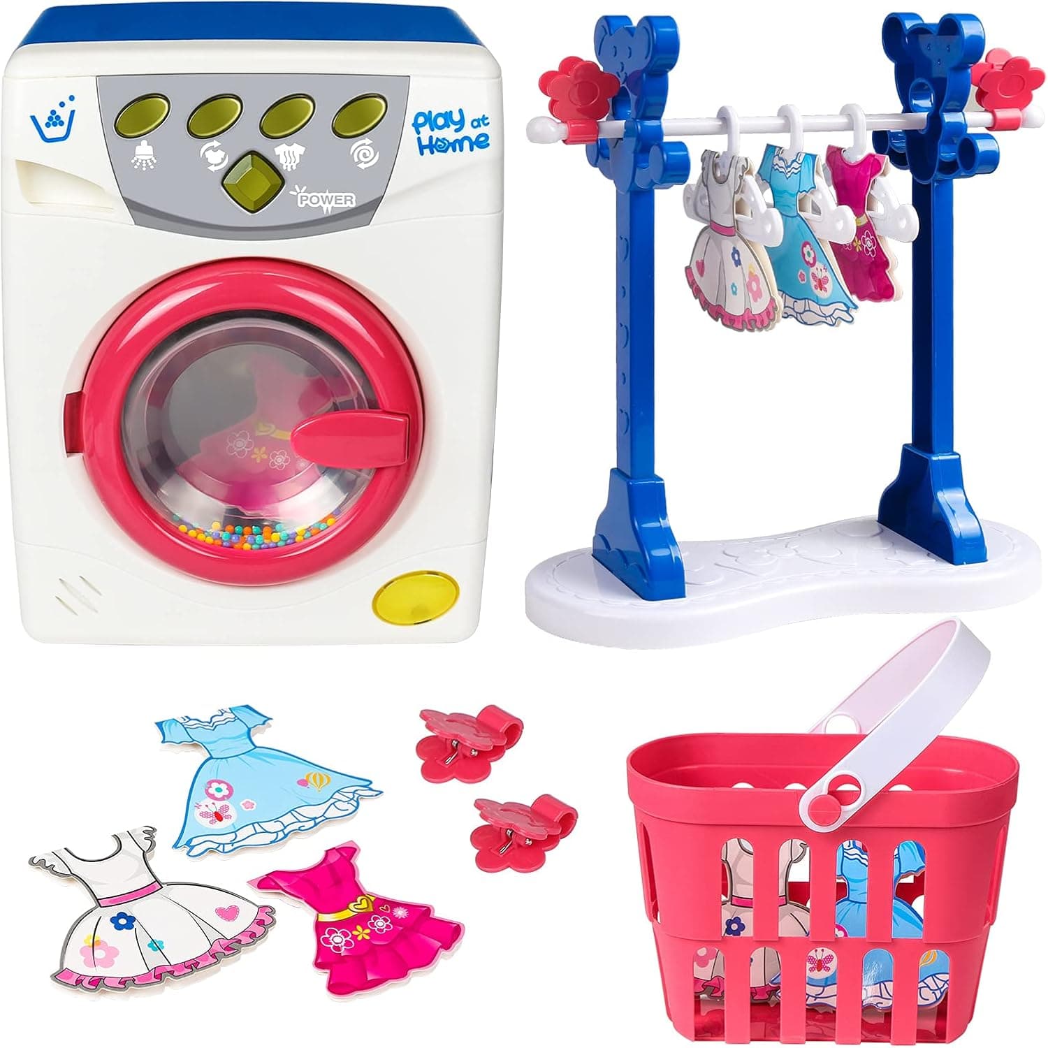 Toy Washing Machine Set, Electronic Toy Washer with Baskets, Clothes, Clothes Hangers, Kitchen Pretend Role Play Appliance Toys for Toddlers Ages 3+