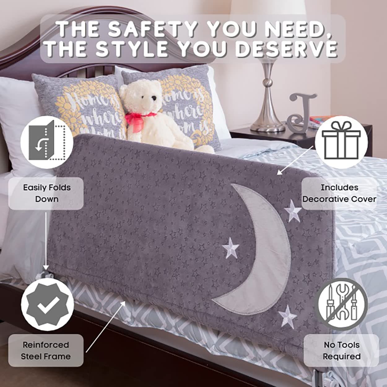 Beautiful Bed Rail for Toddlers (Mom's Choice Award Winner) - with Decorative Cover and Inside Pocket - Toddler Bed Rail Guard for Children Kids, Fits Twin, Full, Queen and King - Extra Long 54" Gray