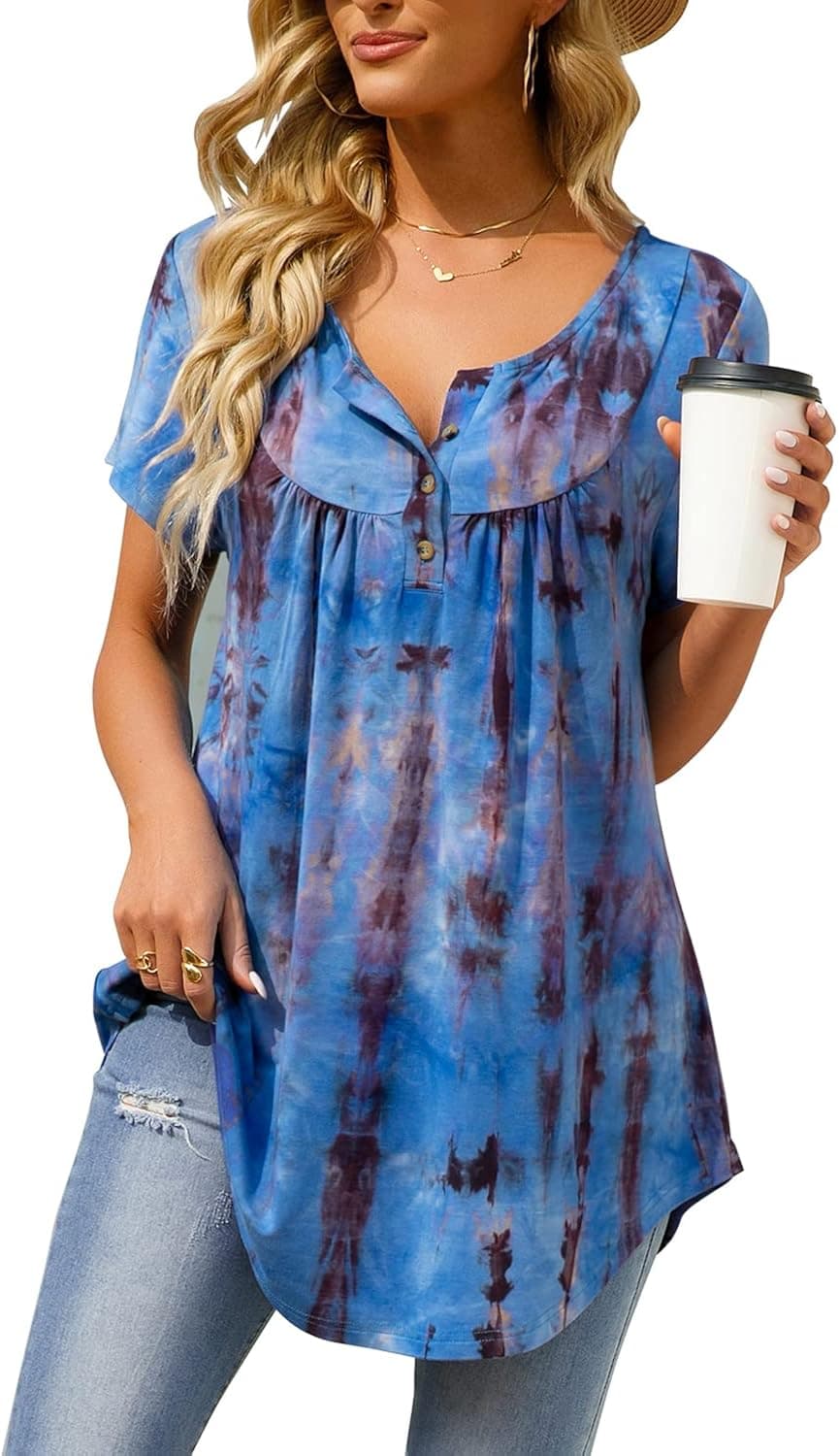 AMCLOS Womens Tie-Dye Tops V Neck Soft T-Shirts Flowy Pleats Tunic Button up Casual Blouses Summer Short Sleeve
