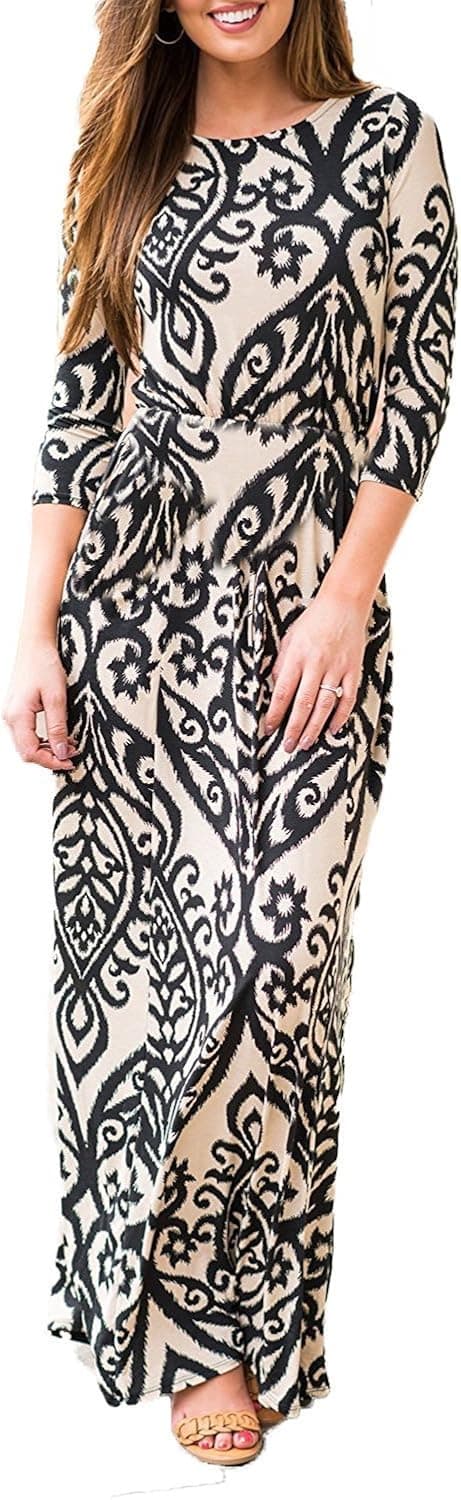Bluetime Women's Spring Fall 3/4 Sleeve Floral Boho Maxi Long Beach Party Dress Sundress