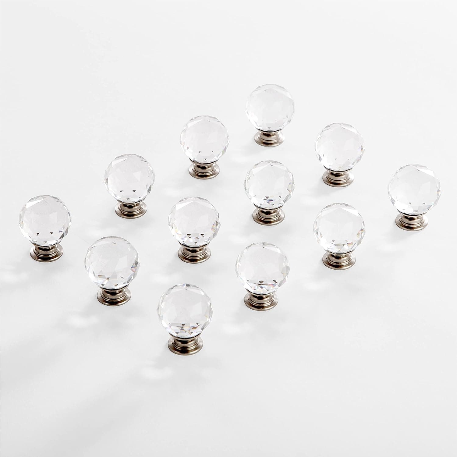 BINO 12-Pack Crystal Cabinet Knobs Drawer Pull Handles - 1.25" Diameter (32mm), Satin Nickel - Dresser Knobs for Dresser Drawers Crystal Knobs and Pulls Handles