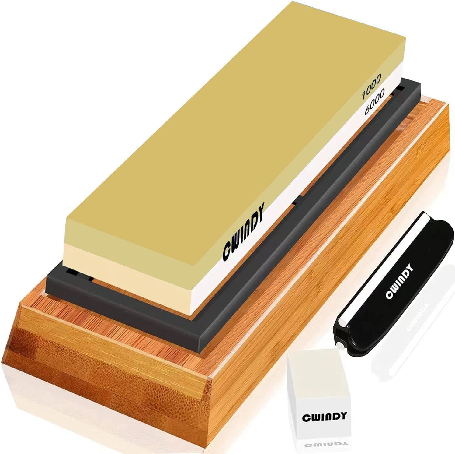 Whetstone Sharpening Stone Kit Dual Sided 1000/6000 Grit Professional Whetstone Knife Sharpener Stone Wet Stone Set Nonslip Bamboo Base Angle Guide, and Fix Stone