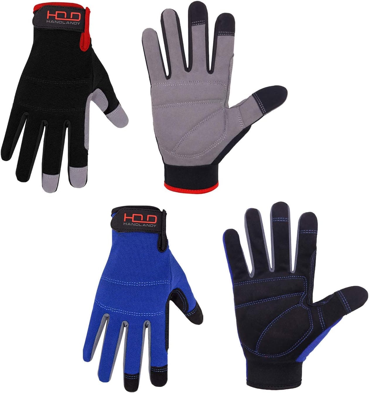 HANDLANDY 2 Pairs Mens Work Gloves Touch Screen, Synthetic Leather Utility Gloves, Flexible Breathable Spandex - Padded Knuckles & Palm (Extra Large, Black&Blue)