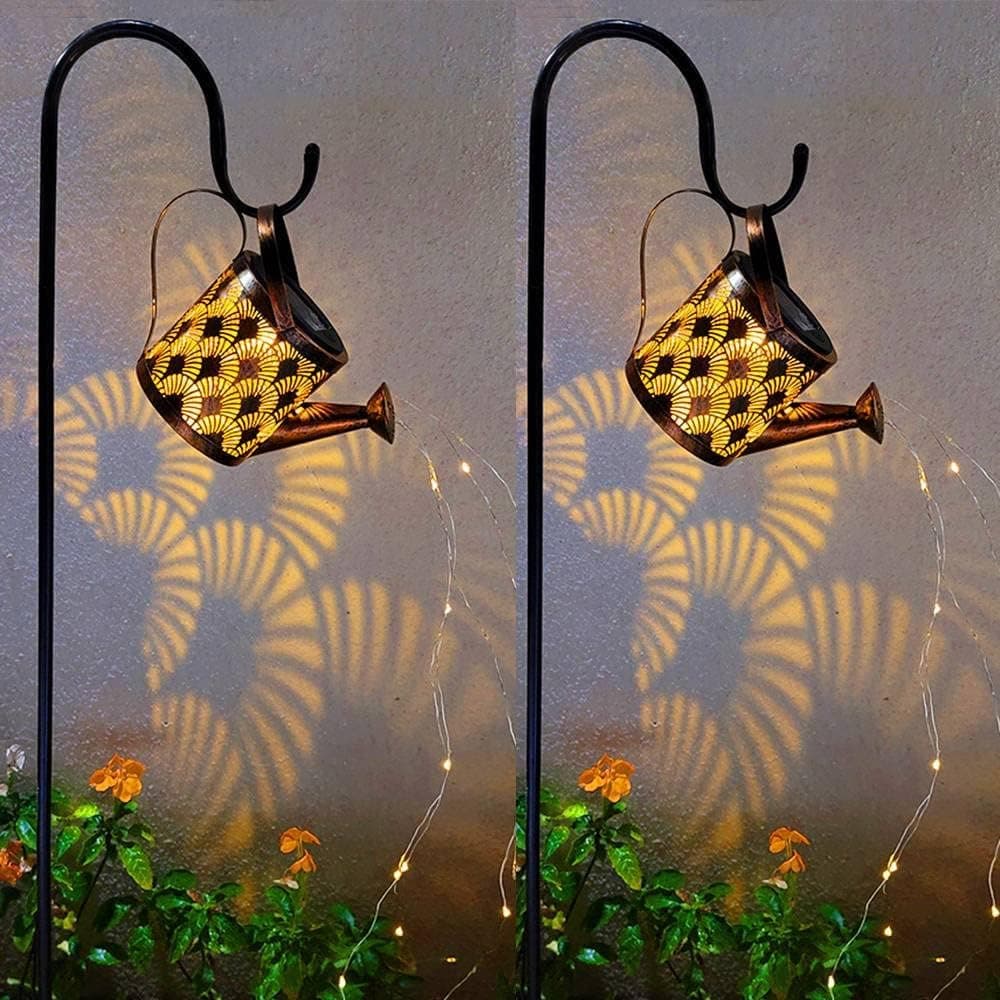 2 Pack Solar Watering Can Lights Waterproof Garden Decorations - Outdoor Large Fairy Lartern Hanging Retro Metal Kettle Light Star Art Decorative Lamp for Walkway Table Patio Lawn with Bracket - Type